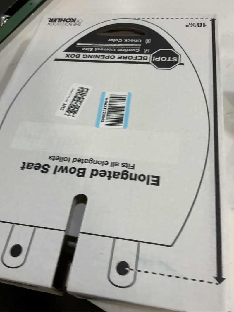 Condition photo showing As Is for kohler k-4774-0 brevia elongated white toilet seat with quick-release hinges and quick-attach hardware for easy clean, white