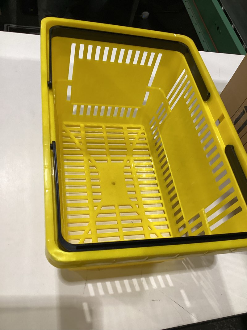 Condition photo showing As Is for 12 Pcs Shopping Baskets 20 L Plastic Store Retail Baskets with Handles 16.9 * 11.8 * 9.1 Inches for Market Grocery Supplies Thrift Convenience Storage(Yellow)