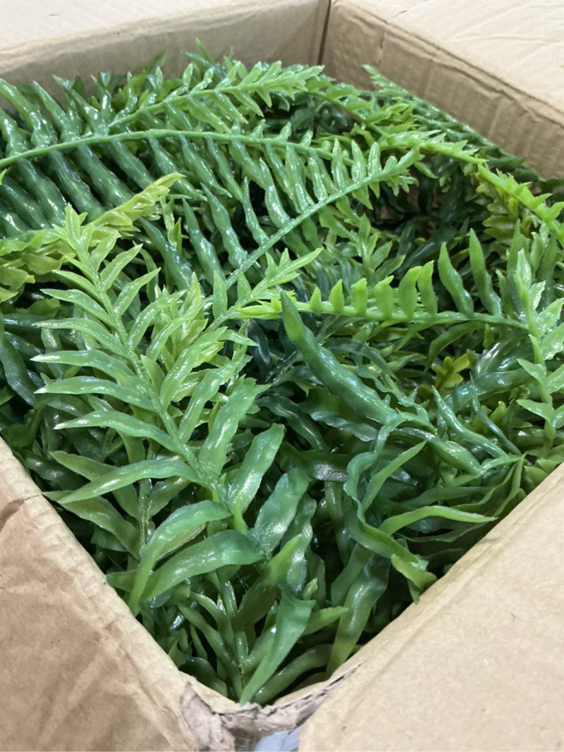 Condition photo showing Good Condition for 2 set fake ferns with hanging baskets, realistic fake hanging plants, uv resistant artificial ferns outdoor faux plants for front porch patio garden home décor, no assembly required