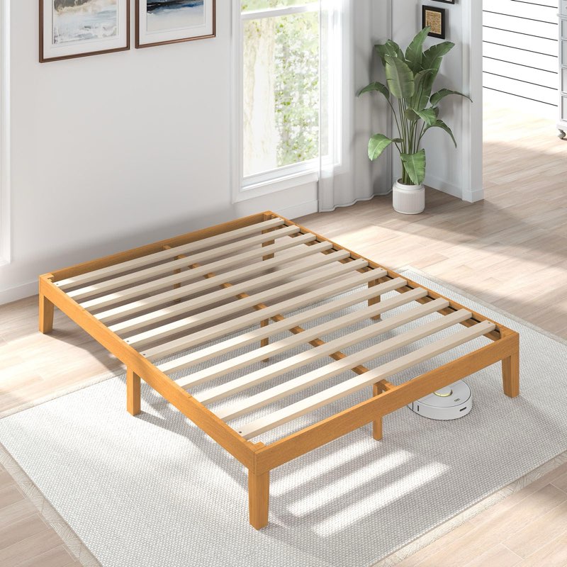 Sweetcrispy Solid Wood Bed Frame, King Size Bed Base with Wood Slat Support, Sturdy, Stylish & Noise