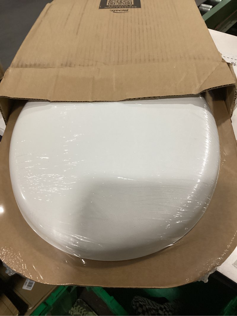 Condition photo showing New/Like New for mayfair padded toilet seat with chrome hinges, soft vinyl over wood core seat, made in usa, round, white