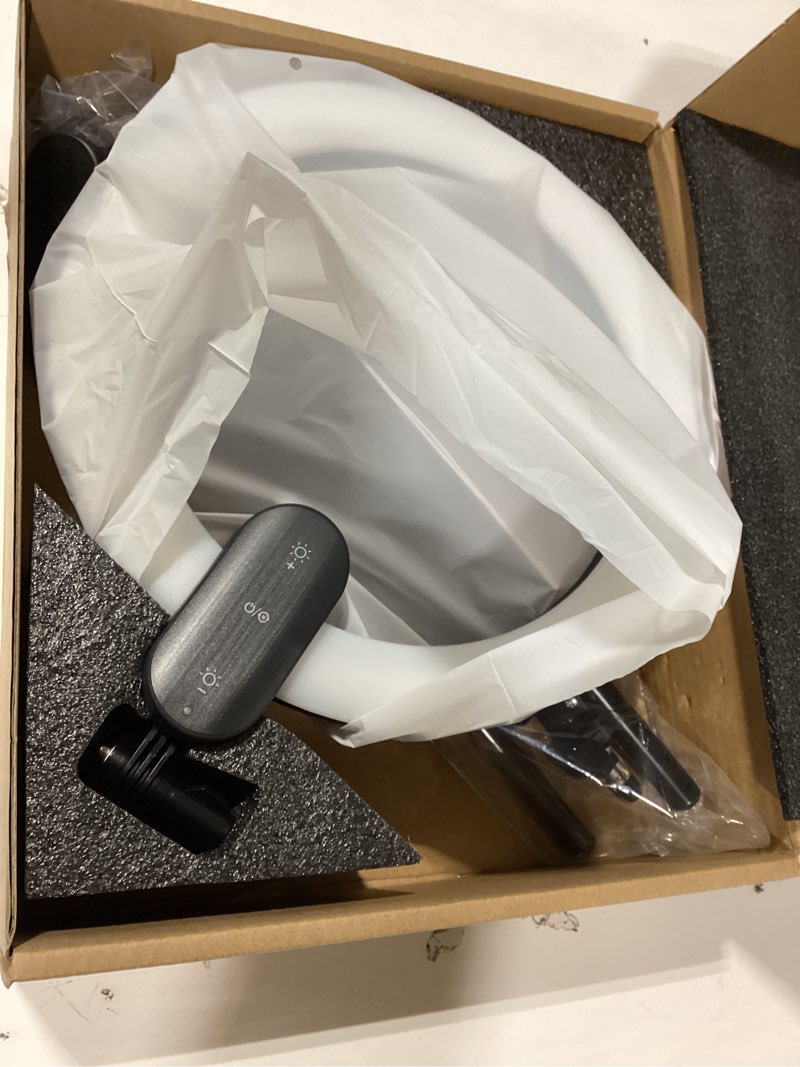 Condition photo showing Good Condition for 12" selfie ring light with 63" tripod stand/phone holder, qeuooiy 20w led circle lights dimmable 3000-6500k with remote control and built-in rechargeable battery for vlog, makeup, youtube, camera