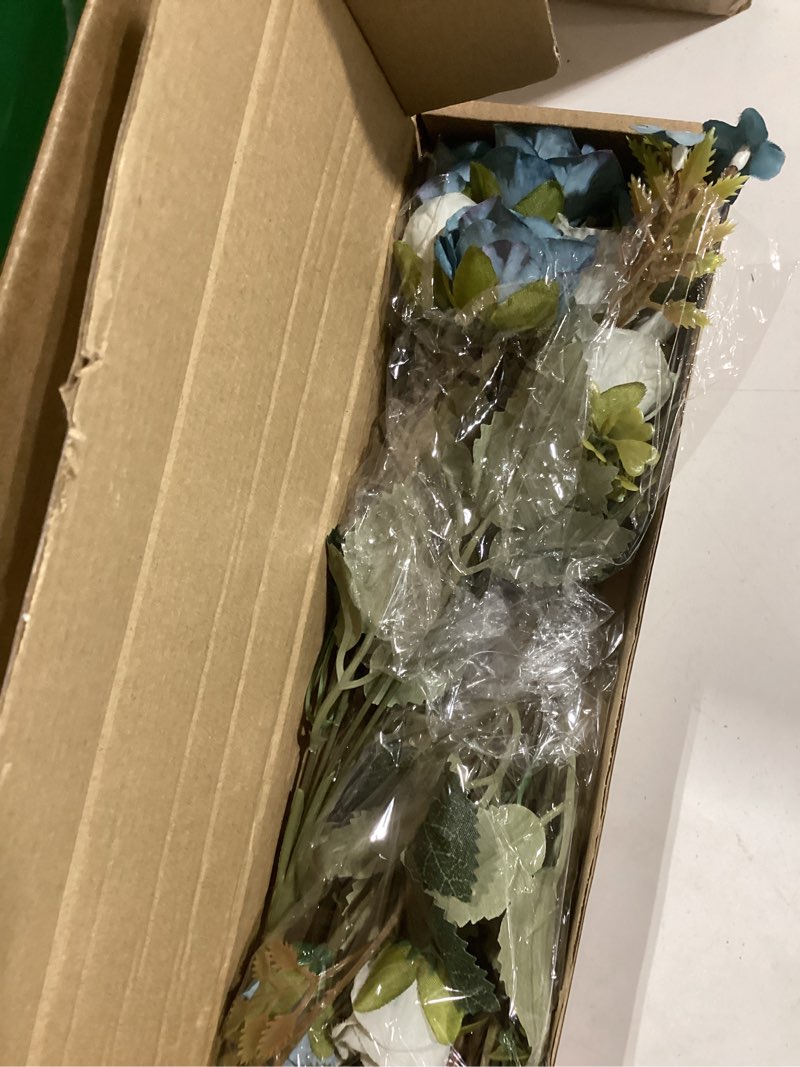 Condition photo showing Good Condition for 5 stems 10 heads artificial flowers small roses with leaf bouquet for valentines decoration kitchen wedding office (2 pack, blue)