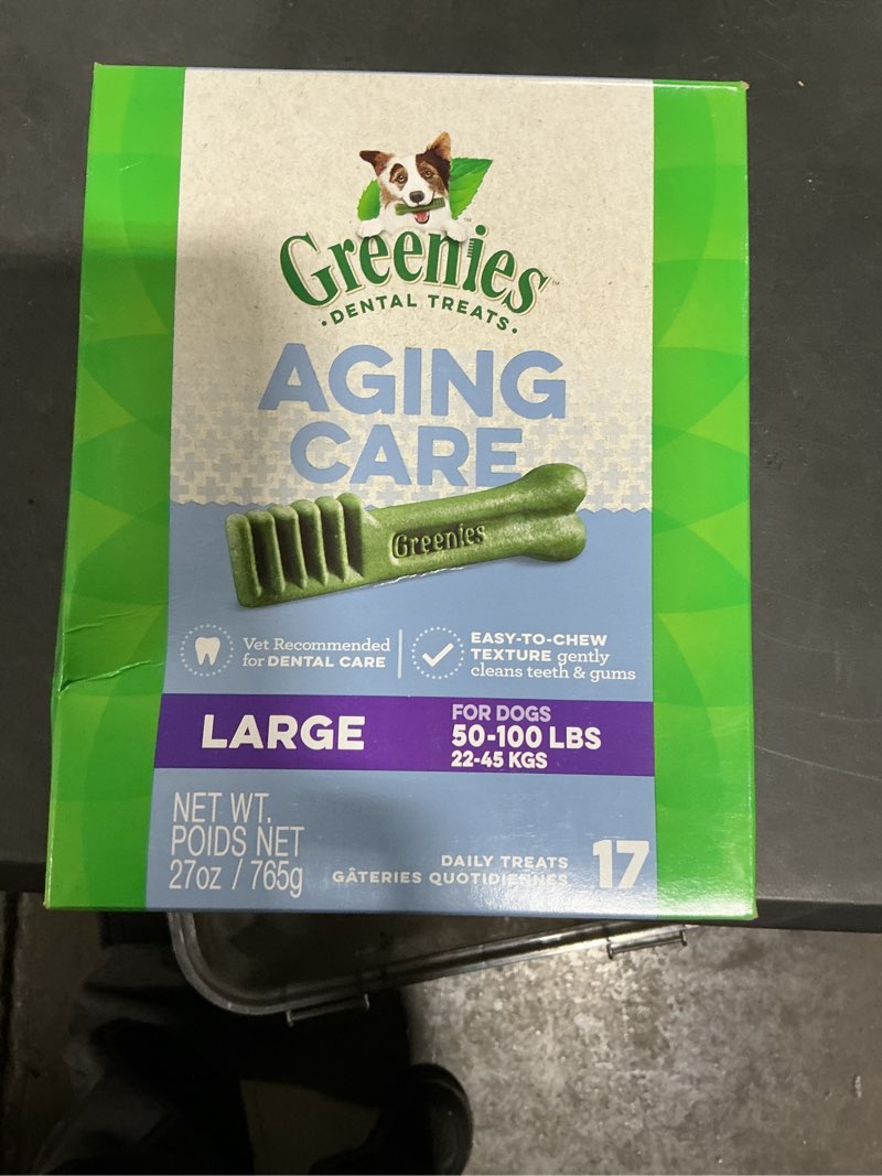 Condition photo showing New/Like New for Greenies Dental Treats for Dogs, Veterinarian-Recommended Aging Care Adult Natural Dental Dog Treats, Large Size, 27 oz. Pack, 17 Count Aging Care 17 Count (Pack of 1)