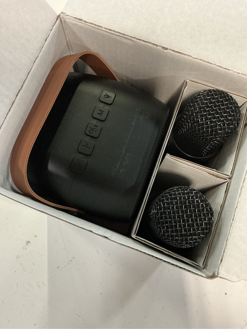 Condition photo showing Good Condition for mini karaoke machine, portable bluetooth karaoke speaker with 2 wireless microphones and party lights for kids and adults, birthday gifts for girls boys family home party black