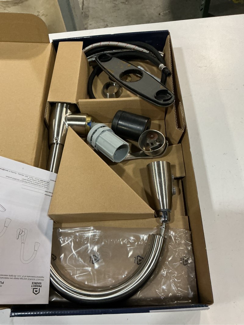 Condition photo showing As Is for project source ellesburg stainless steel single handle deck-mount pull-down kitchen faucet with sprayer (includes deck plate)