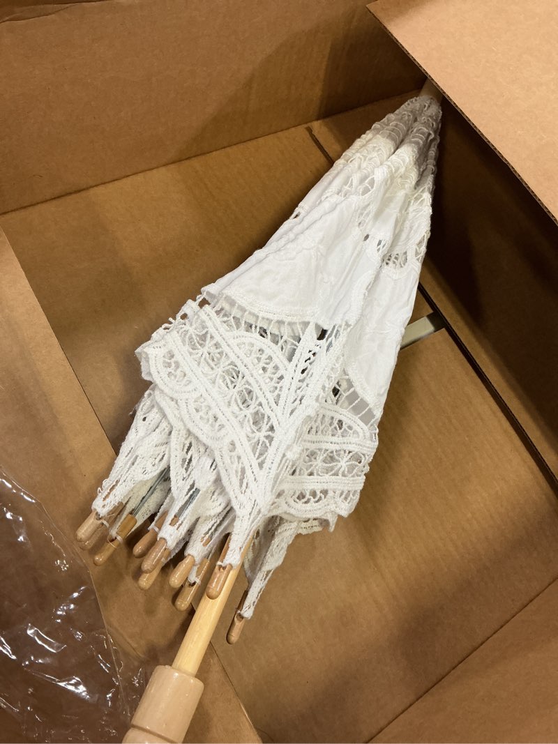 Condition photo showing Good Condition for vintage lace parasol umbrella 32 inch – bridal wedding decoration umbrella for photoshoot, tea party, victorian style sunshade for women and adults white