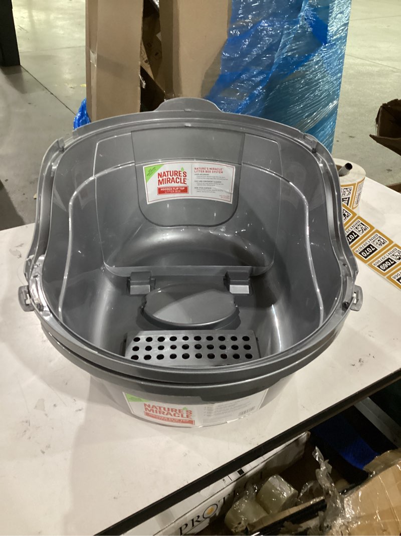 Condition photo showing Good Condition for nature’s miracle hooded flip top litter box for cats, with built-in odor control charcoal filter silver/grey