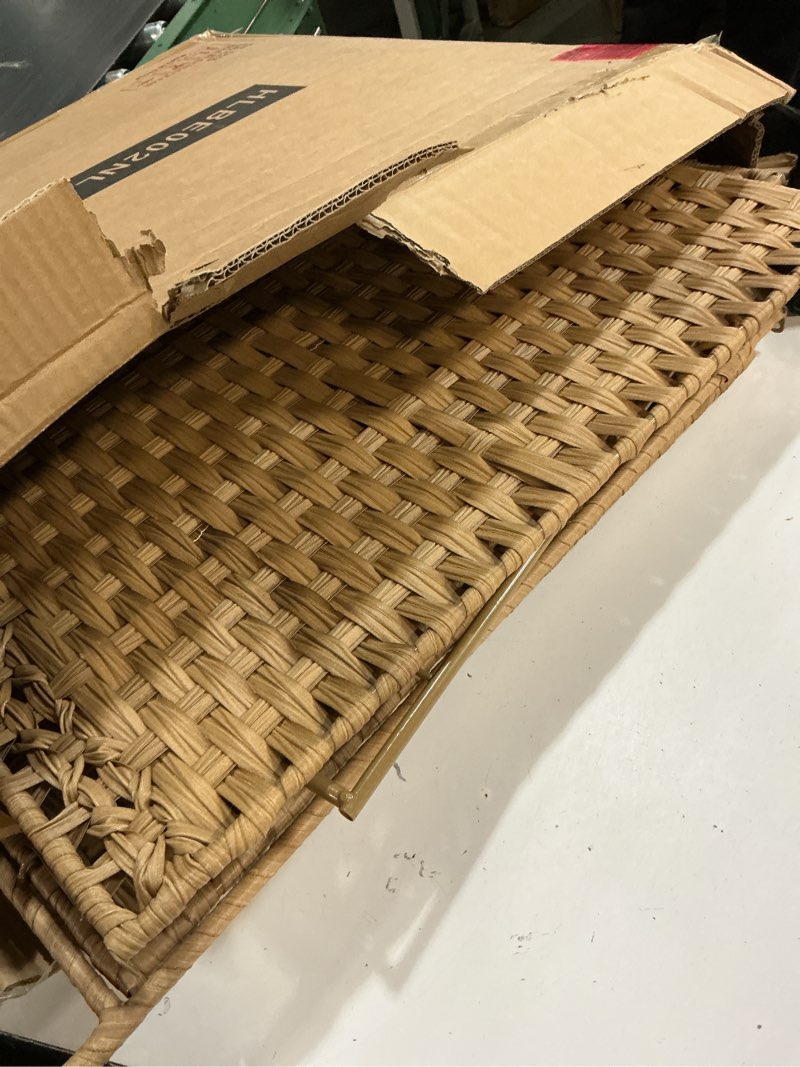 Condition photo showing As Is for Cat Litter Box Enclosure with Soft Litter Mat; Hidden Cat Washroom Furniture with Door; Handwoven Rattan Kitten House with Large Space; Pet Crate for Living Room, Bedroom, Balcony (Natural) 30.3'' L x 18.2'' W x 24.2'' H Natural