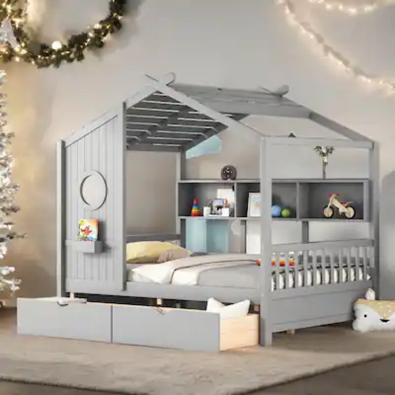 Wooden Full Size House Bed with 2 Drawers,Kids Bed with Storage Shelf (incomplete one box only)