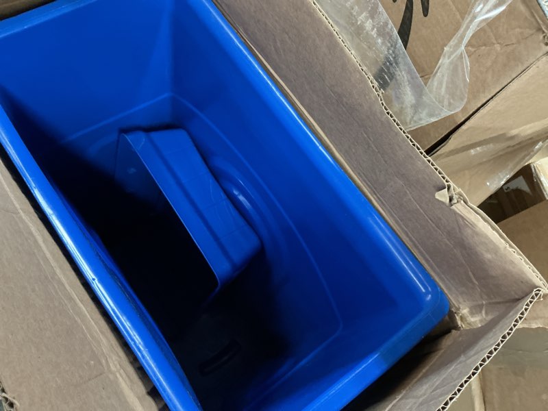 Condition photo showing Good Condition for united solutions 23 gallon highboy plastic recycling bin kitchen trash can with lid, pass through handles, and dustpan edge, blue 1 pack w/ lid recycle blue