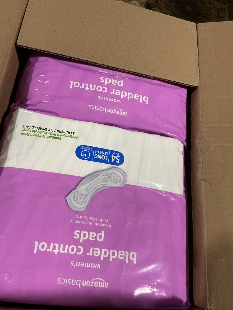 Condition photo showing Good Condition for Amazon Basics Incontinence Pads for Women Long, Bladder Control, Postpartum, Moderate Absorbency, Unscented, 108 Count (2 Packs of 54) Moderate (108 Count) 108.0