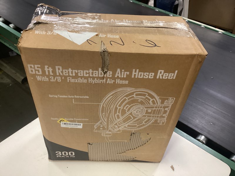 Condition photo showing New/Like New for premium steel retractable air hose reel with dual arm, 3/8"x65ft hybrid polymer hose, heavy duty air hose reel included auto rewind reel | quick air coupler | durable double side frame