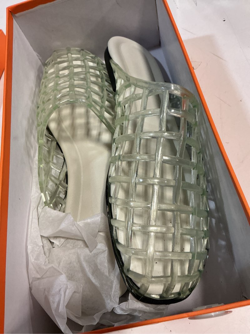 Condition photo showing As Is for molozoey clear jelly shoes for women slip on jelly mesh slides comfortable closed toe flats sandals summer beach slippers. 8.5 clear