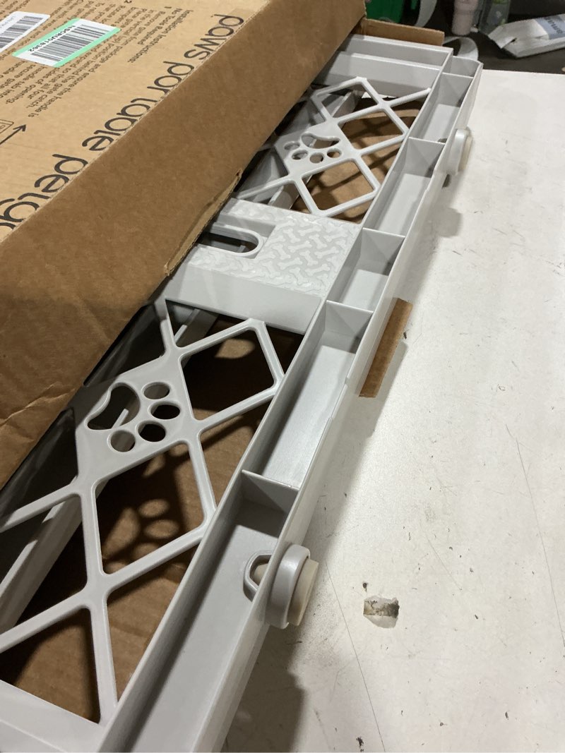Condition photo showing As Is for mypet north states paws portable pet gate: 26-40" wide. pressure mount. no tools needed. made in usa. dog gate 23" tall, expandable, durable dog gates for doorways, light gray