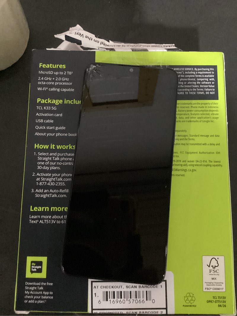 Condition photo showing As Is for screen display damaged straight talk tcl k33, 5g, 64gb, gray - prepaid smartphone [locked to straight talk]