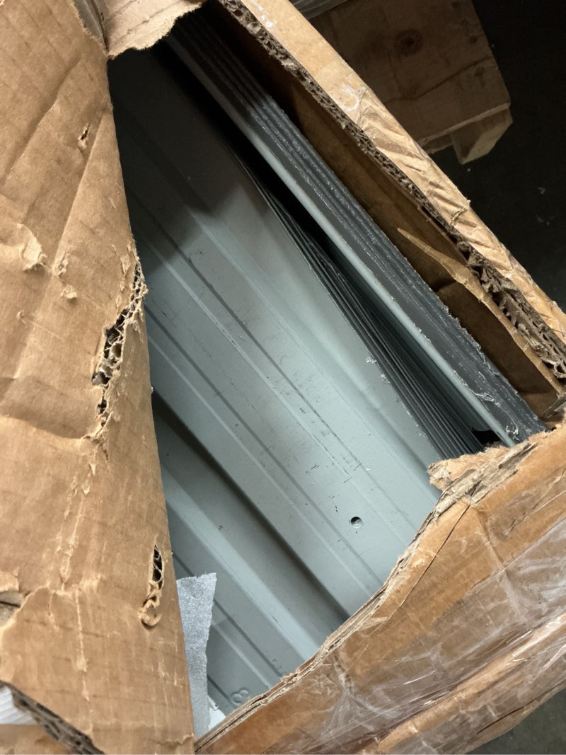 Condition photo showing As Is for 11x13 ft metal storage shed with reinforced floor frame large 140.5 ft² outdoor garden tool house lockable doors & 4 air vents weatherproof patio back(incomplete box 2)