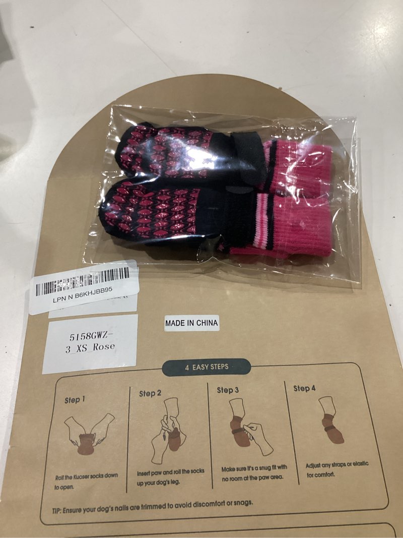 Condition photo showing New/Like New for Kuoser Non Slip Dog Socks for Hardwood Floors,4Pack Anti-Slip Dog Grippy Socks to Prevent Licking Paws,Dogs Booties Paw Protectors with Double-Sided Traction for Small enior Dogs,Rose (Length: 7.09\") Ros