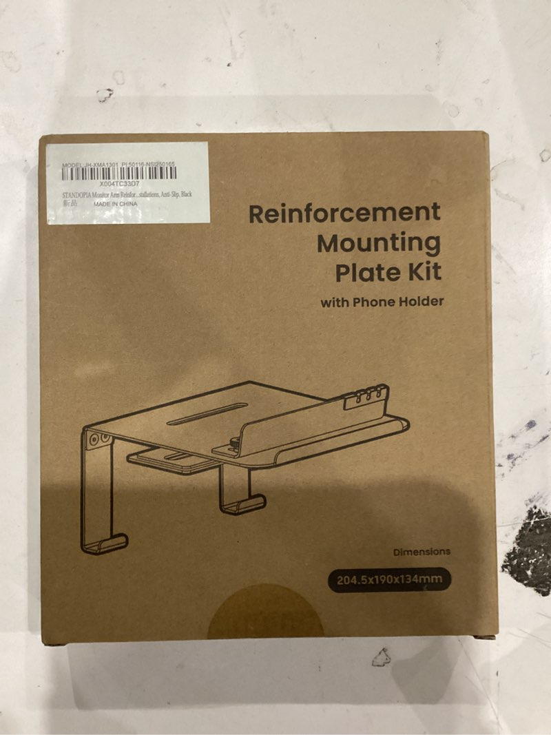 Condition photo showing New/Like New for Monitor Arm Reinforcement Plate - with Phone Holder and Hook, for Thin, Glass and Other Fragile Tabletop, Compatible with Most Monitor Stand C-Clamp Installations, Anti-Slip, Black