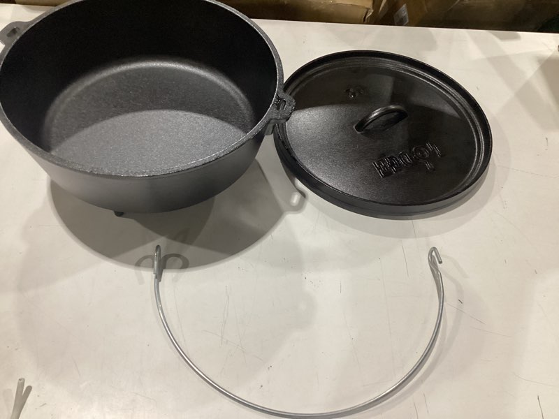Condition photo showing Good Condition for lodge seasoned cast iron camp dutch oven with lid - 6 quart - dual handles - seasoned cast iron cookware with steel handle & strong lid for heavy- duty camping cookware 6 quart oven