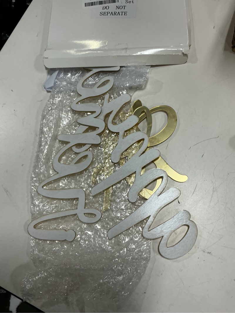 Condition photo showing As Is for novabright 20 inches gold happy retirement acrylic mirror decal letter sticker for arch backdrop gold retirement decorations, arch party sign wall decor for women/men, peel off the acrylic film