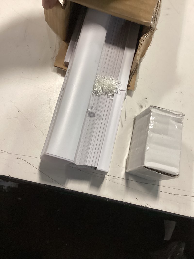 Condition photo showing Good Condition for chicology cordless mini blinds for indoor windows, 25" w x 60" h, white vinyl 1" slats with tilt wand, light filtering to room darkening, moisture-resistant, child-safe, screw-mount installation 25"w x 60"h white (commercial grade)