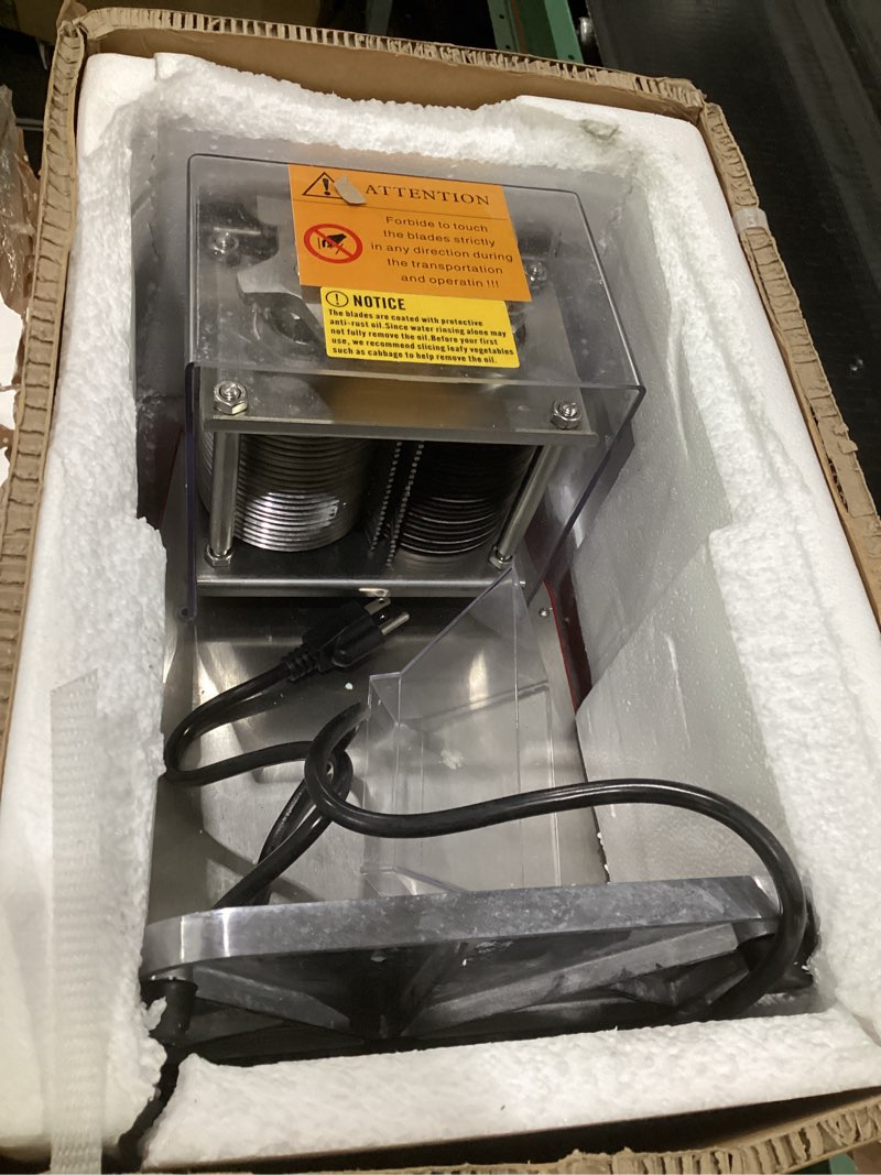 Condition photo showing As Is for (used, not tested)vevor commercial meat cutting machine, 551 lbs/h 850w meat shredding machine, 3.5mm blade electric meat cutter, stainless steel restaurant food cutter, for kitchen supermarket lamb beef chicken, red 3.5mm blade meat cutter