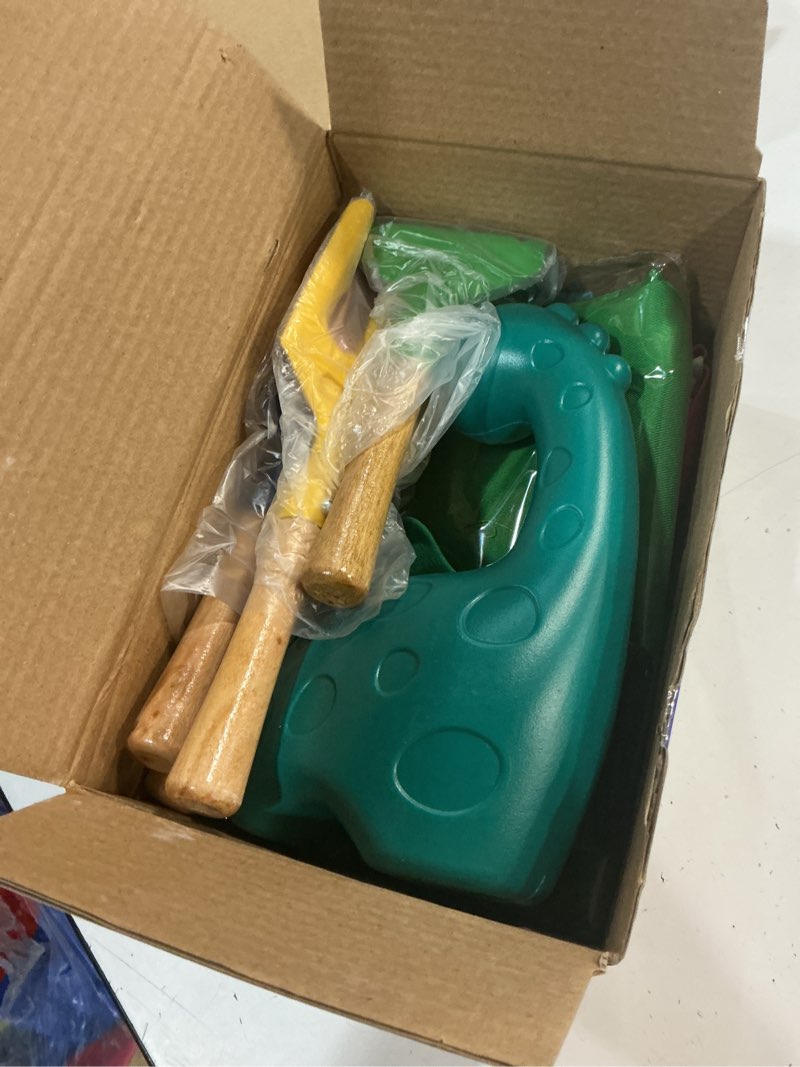 Condition photo showing New/Like New for joystone kids gardening set with dinosaur watering can  apron  gloves & tote bag  outdoor pretend play garden tools for toddlers  boys & girls ages 3+