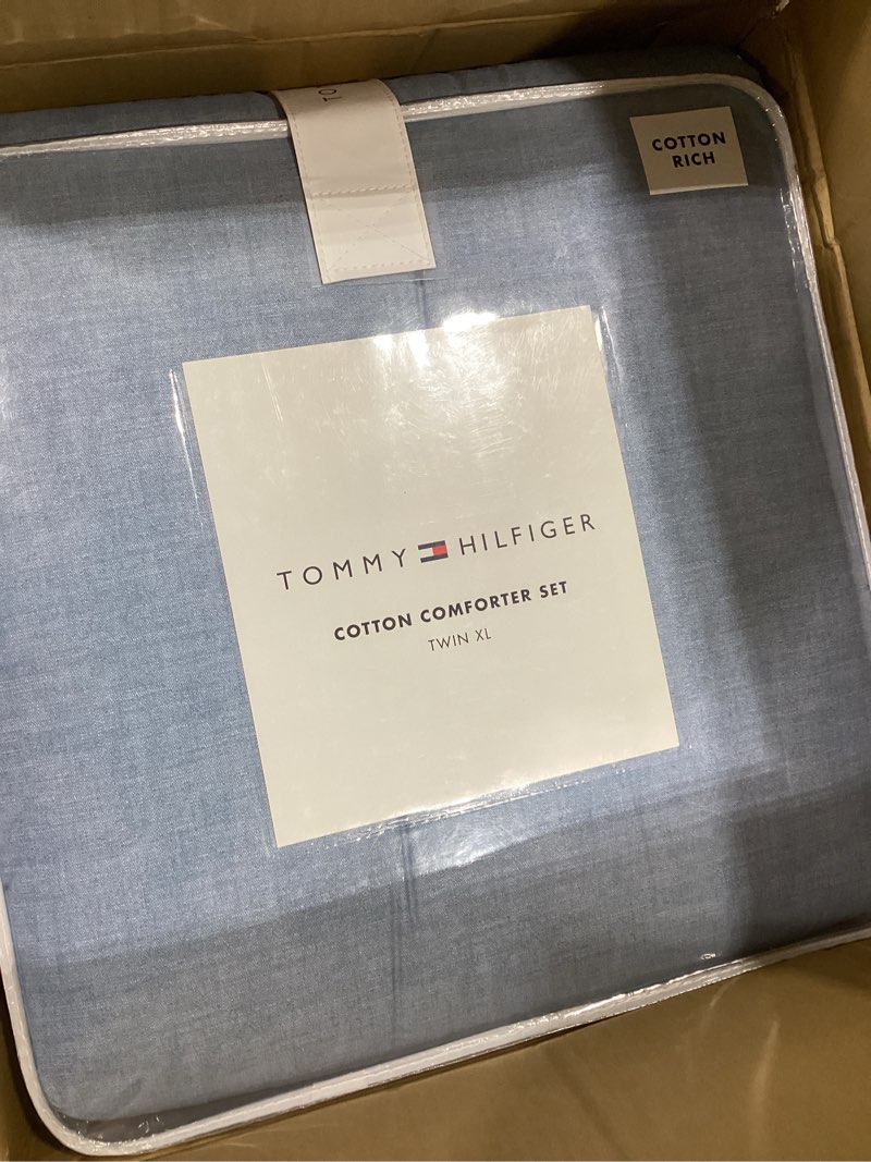 Condition photo showing Good Condition for tommy hilfiger - twin comforter set, super soft bedding with matching sham, breathable bed essentials (modern stripe white, twin) twin modern stripe blue