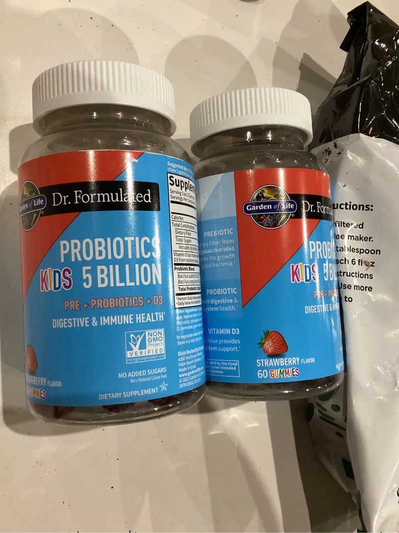 Condition photo showing New/Like New for Garden of Life Dr Formulated 5 Billion CFU Prebiotic Fiber, Probiotic and Vitamin D3 Gummies for Kids Digestive & Immune Health – Gluten Free, Non GMO, No Added Sugars, Strawberry Flavor, 60 Gummies