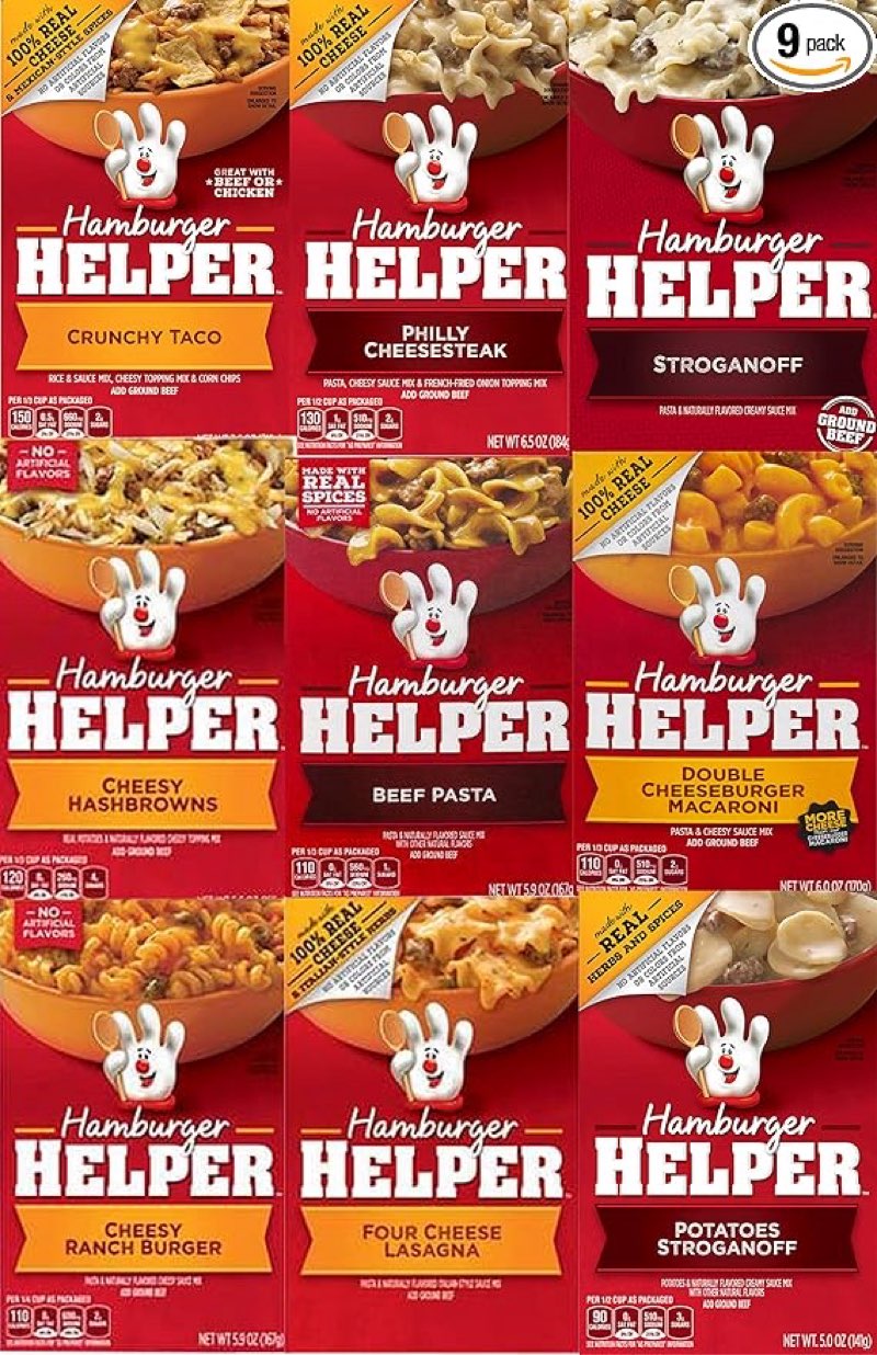 Hamburger Helper Variety Pack of 12 Crunchy Taco, Philly Cheesesteak, Stroganoff, Cheesy Hashbrowns ,Beef Pasta, Double Cheeseburger Mac, Cheesy Ranch Burger, Four Cheese Lasagna, Potatoes Stroganoff