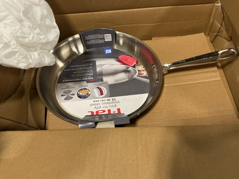 Condition photo showing Good Condition for t-fal pro tri-ply fry pan, stainless steel pan 12 inch, induction cookware, oven safe 500f, fast & even heat, professional quality & durability, skillet, cookware, silver fry pan 12-inch