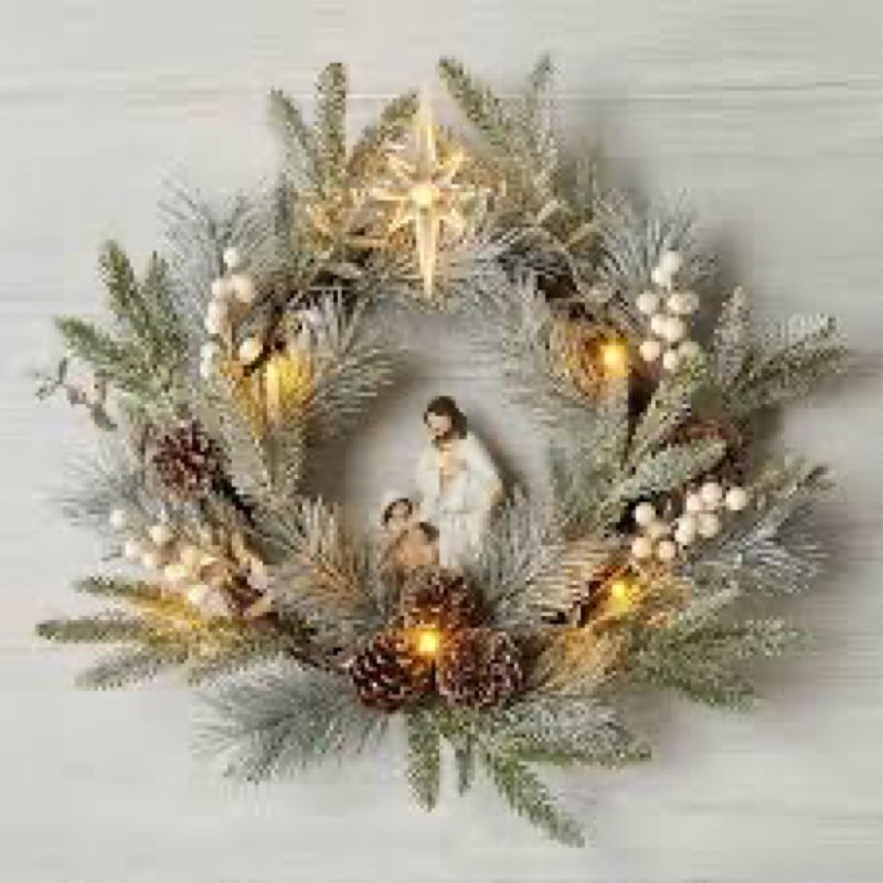 YULETIME 20" Pre-Lit Nativity Wreath, Battery Operated with 10 Fairy Lights, Holy Family Nativity Statue, Star of Bethlehem, Pine Cones, White Mistletoe, Frosted Spruce Branches (Nativity Frosted)
