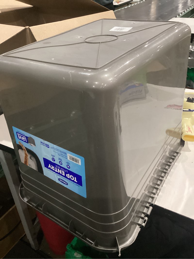 Condition photo showing As Is for petmate enclosed cat litter boxes with hinged lid and wide top entry opening, cat litter box enclosure with filter lid, made in usa, scoop not included