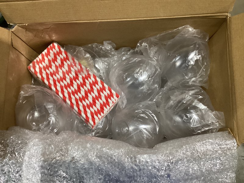 Condition photo showing New/Like New for Yaomiao 48 Pcs 16 oz Christmas Ornament Cups for Drink Empty Plastic Clear Fish Bowl with Lids and Straws Spherical Bottles Bulk for Holiday Cocktails Fishing Party Decorations Candy Gift