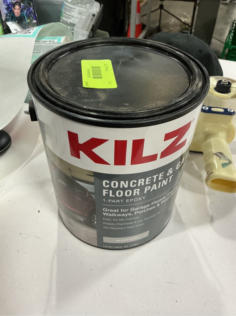 Condition photo showing New/Like New for kilz 1-part epoxy acrylic concrete & garage floor paint, silver gray, satin, interior/exterior concrete paint for basement floors, porches, driveways & pool decks, 1 gallon silver gray paint