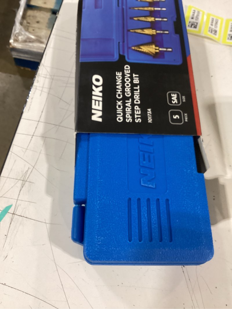 Condition photo showing New/Like New for neiko 10173a step drill bit set for metal and wood, 5 piece sae, spiral grooved for faster drilling, step bits with 50 total step sizes, titanium coated unibits 5pc (1/8 to 1-3/8" 50s) spiral quick-change hex hss