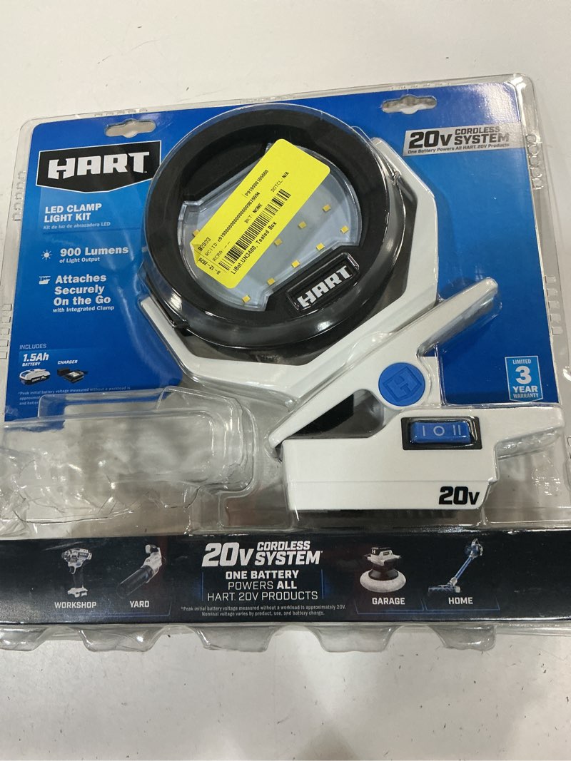 Condition photo showing As Is for hart 20-volt led clamping light kit (1) 20-volt lithium-ion battery  900 lumens