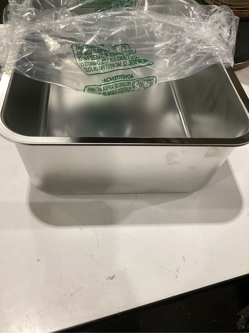 Condition photo showing As Is for kirecoo stainless steel cat litter box - metal high sided cat pan, large stainless steel box, indoor litter tray, non stick, no smell, easy to clean, pet toilet supplies for kitten, kitty, rabbit 17.52" l x 13.58" w x 5.9" h
