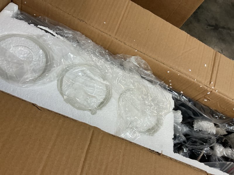 Condition photo showing As Is for black 3 bulb glass light fixture 