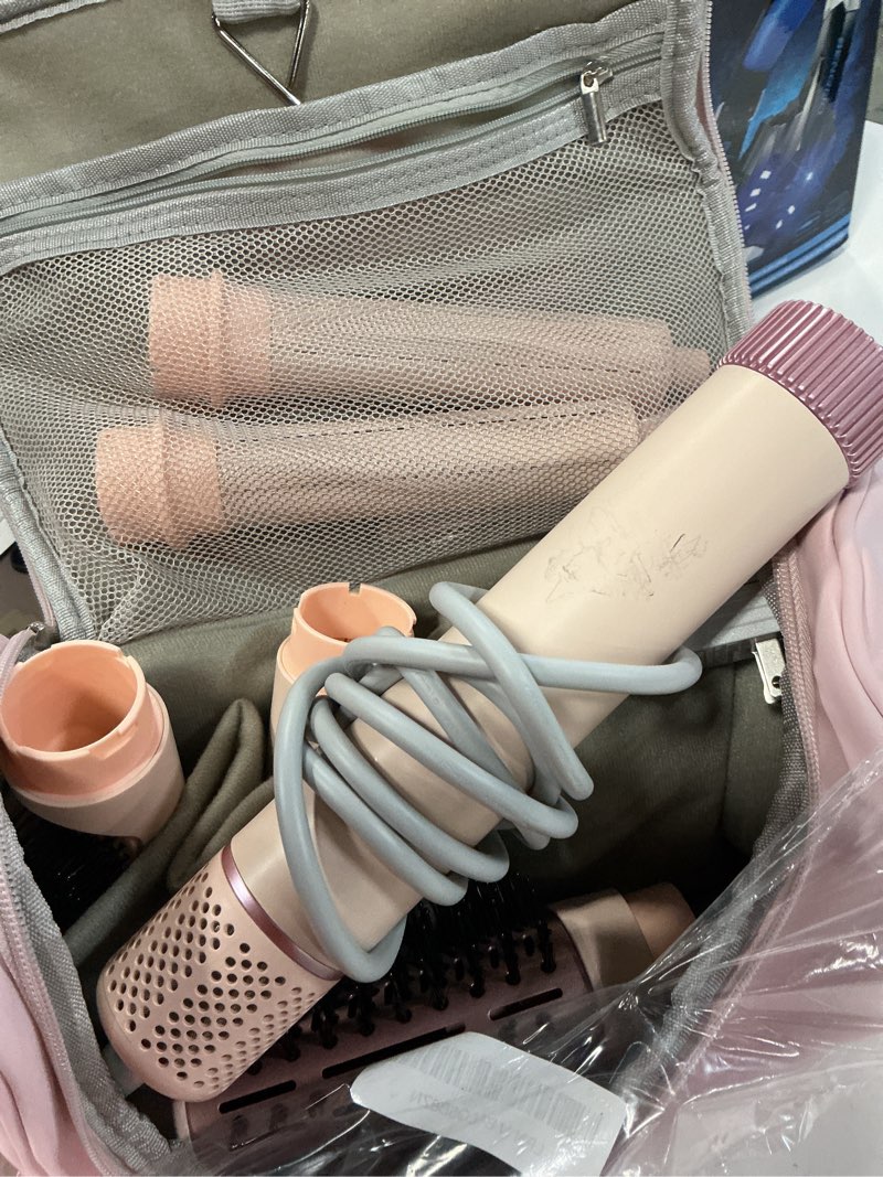 Condition photo showing As Is for 6 in 1 air styler, 1400w high speed ionic hair dryer with auto-wrap curlers, blow dryer oval brush & straightener brush, no heat damage hair styler for fast drying,curling, smoothing & volume pink