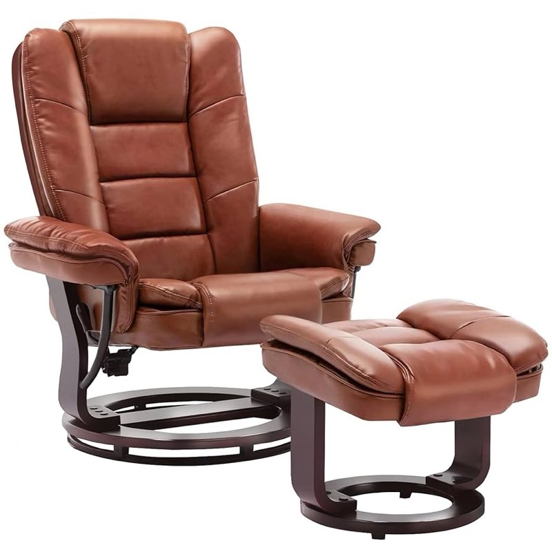 jc home argus swivel recliner with ottoman, pu leather & wood base reclining chair with footrest, ultra-plush double foam for living room, bedroom and office