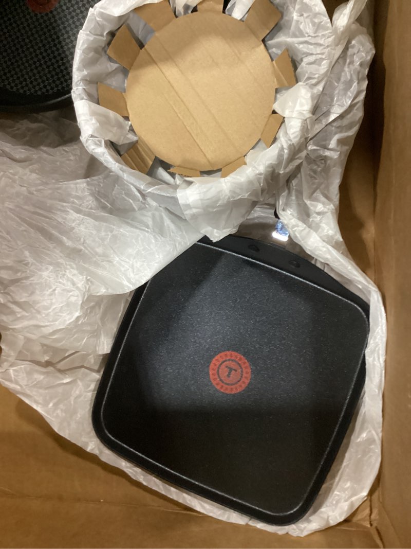 Condition photo showing As Is for t-fal ultimate hard anodized nonstick pots and pans set 17 piece, nonstick cookware set with fry pan, saucepans, saute-pan, griddle, dishwasher safe, onyx onyx 17-piece