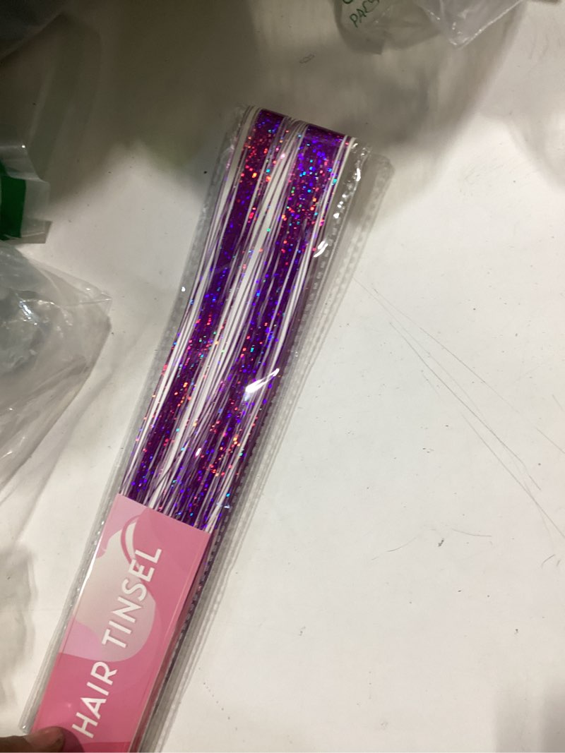 Condition photo showing New/Like New for hair tinsel pack of 12 pcs clip in hair tinsel 20 inch glitter purple tinsel hair extensions, festival tinsel fairy hair extension party dazzle hair accessories strands kit (12pcs,purple#) purple# 20 inch
