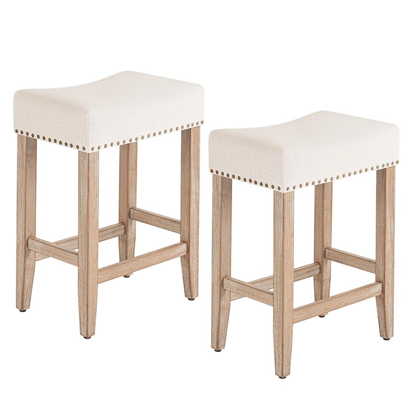 Furniliving Bar Stools Set of 2, 26 Inch Counter Height Bar Stools,Upholstered Kitchen Barstools with Solid Wooden Legs, Saddle Stools for Kitchen Island, Bar, Cafe, Beige
