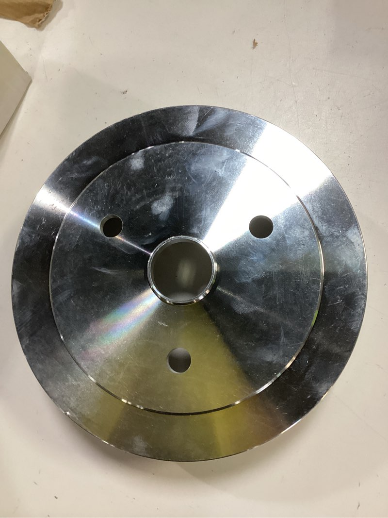 Condition photo showing As Is for kipa aluminium triple groove crankshaft pulley for sb chevy sbc 350 crank swp short small block chevy with a short water pump 6.6" satin aluminium finish durable 3-groove #8858