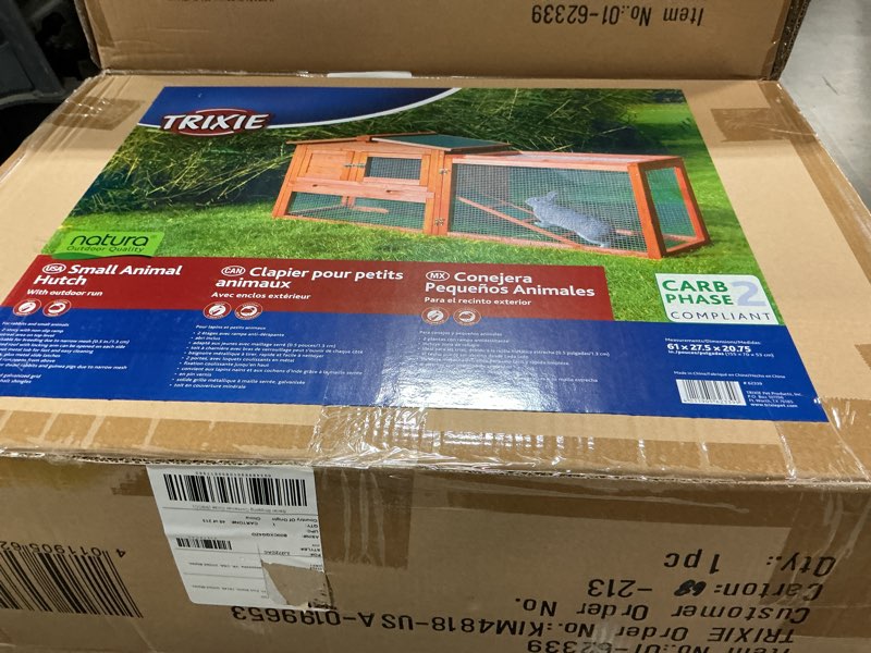 Condition photo showing New/Like New for trixie natura outdoor rabbit hutch with run - small elevated rabbit cage with non-slip ramp - small animal house with large playpen, hinged roof & pull-out tray - in natural extra-small rabbit hutch