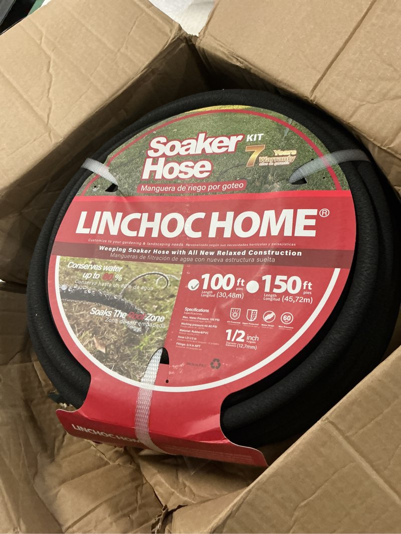 Condition photo showing New/Like New for soaker hose 100ft 1/2 inch with solid brass connectors & garden stakes kit, flexible leakproof irrigation system for garden, lawn & landscape