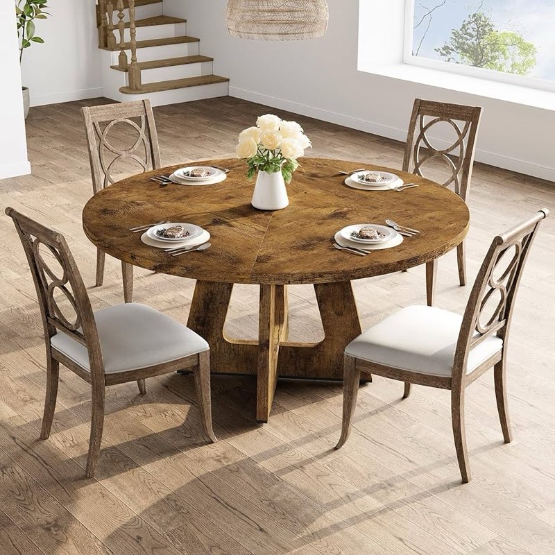 GarveeHome 47-Inch Round Large Dining Table Set for 4 to 6, Farmhouse Dinner Table with Wooden Top and Legs for Home Dining Room or Living Room - Grey(No Chairs)