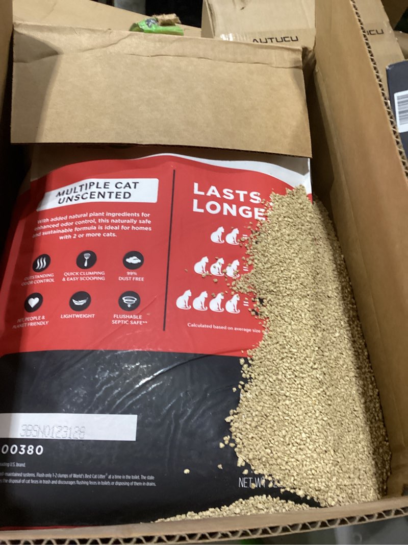 Condition photo showing As Is for world's best cat litter multiple cat unscented, 32-pounds - natural ingredients, quick clumping, flushable, 99% dust free & made in usa - long-lasting odor control & easy scooping